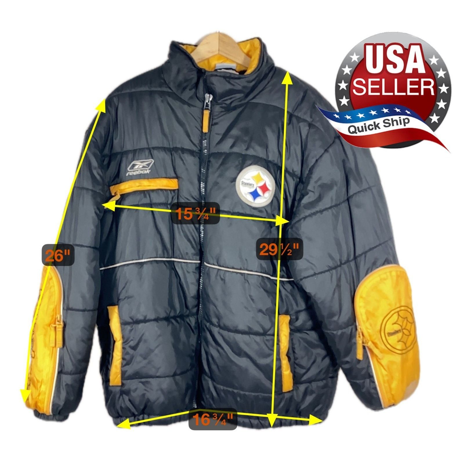 Pittsburg Steeler NFL Pro Line Reebok Hooded Puffer Jacket in Black, Men's