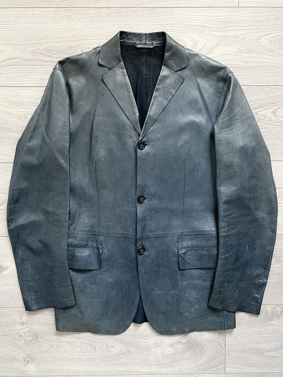 image of Jil Sander By Raf Simons 00S Petrol Blue Leather Jacket, Men's (Size Small)