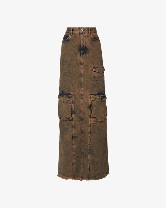 o1tko10125 Denim Cargo Long Skirt in Brown