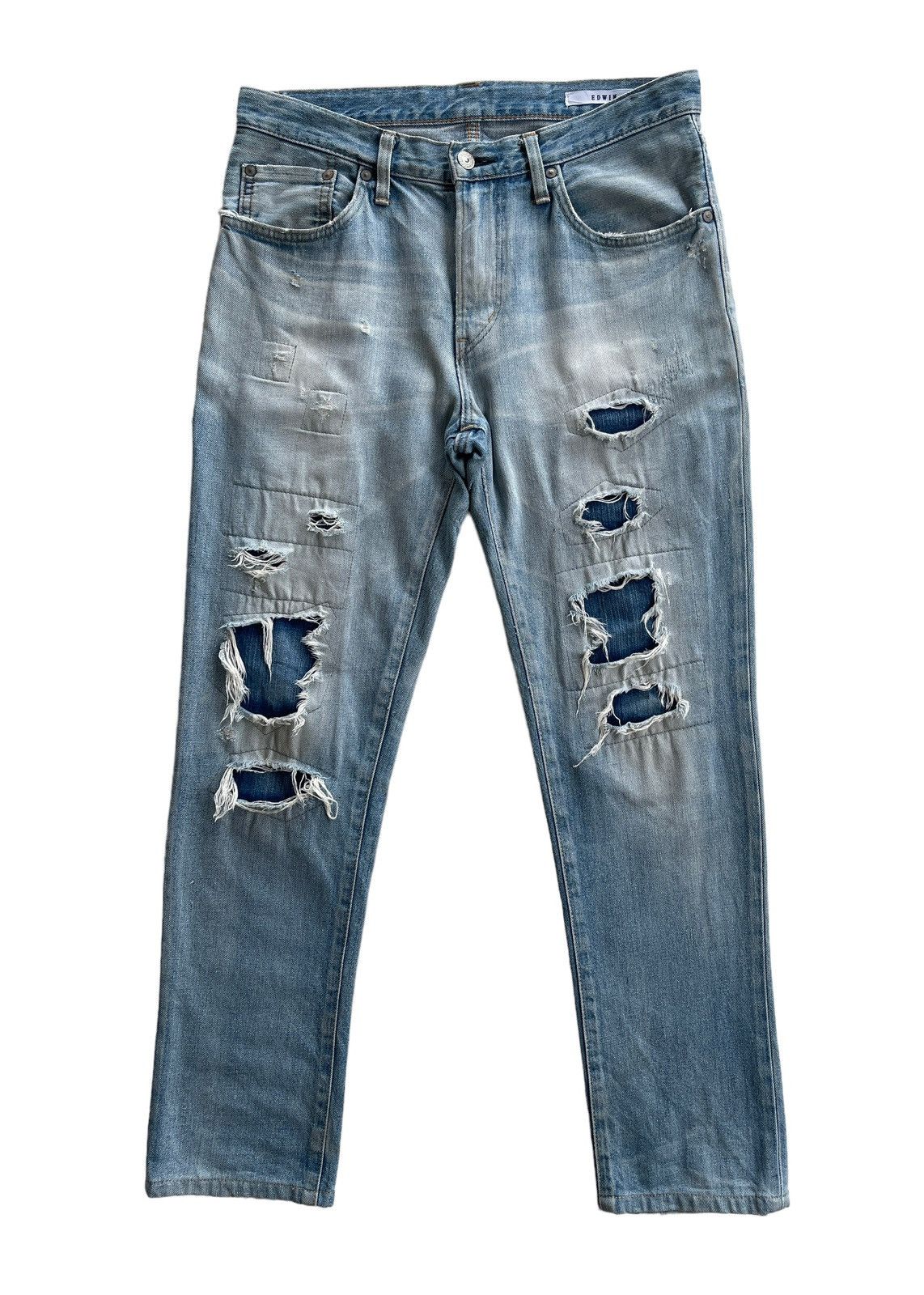 image of Distressed Denim x Vintage Edwin Sashiko Boro Distressed Jeans in Light Blue Wash, Men's (Size 32)