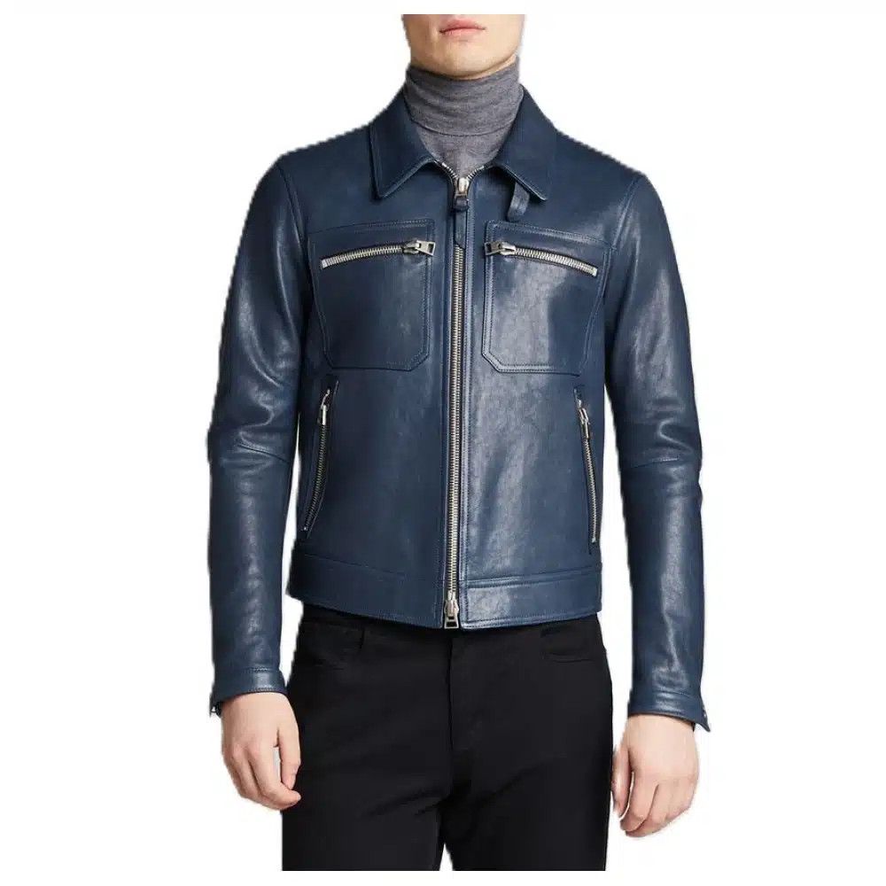 Tom Ford o1loc1c0525 TFL855 Lamb Leather Biker Jacket in Dark Blue Size US M / EU 48-50 / 2 - 2 Thumbnail