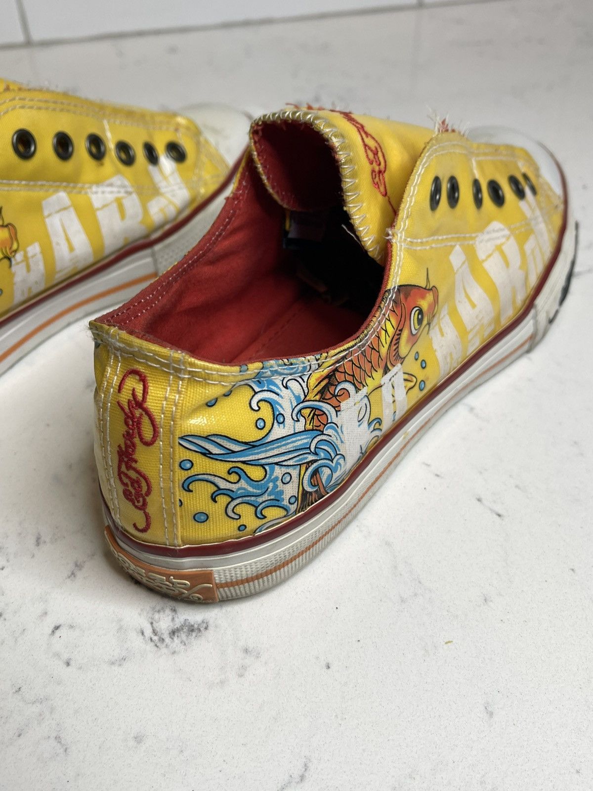 Ed Hardy Y2K Ed Hardy Low Top Sneakers Yellow w Fish Print Logo Sz 9 Size US 9 / IT 39 - 4 Thumbnail