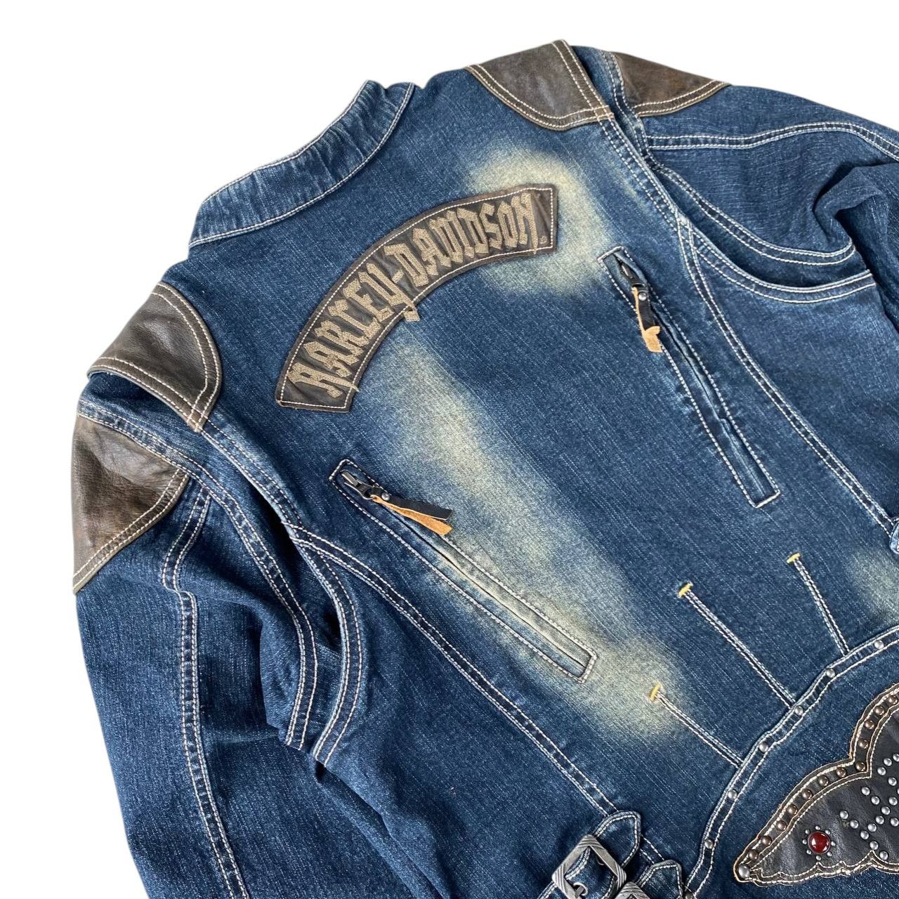 Harley Davidson Y2K Harley-Davidson Women Biker Jacket Denim Leather Studded Size L / US 10 / IT 46 - 18 Thumbnail