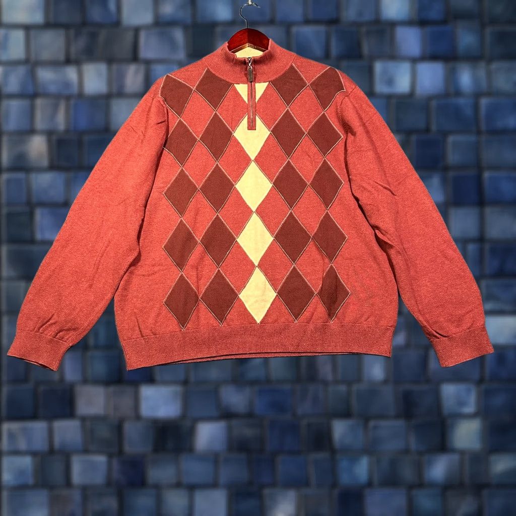 Tasso Elba Tasso Elba Sweater Mens L Rust Argyle Mock Zip Up Neck Ribbed Cuffs Hem Knit Cotton Fall Winter Classic Modern Size US L / EU 52-54 / 3 - 1 Thumbnail