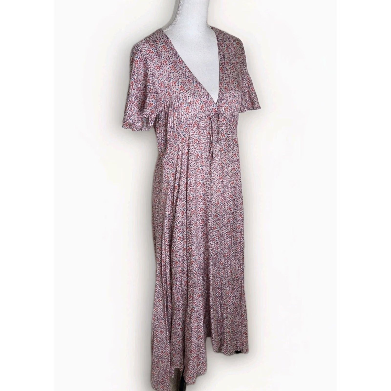 Vintage Hatch Dress Pink Midi A-Line Flutter Sleeve V-Neck Floral Lined Summer 60s Bohemian Prairie Womens S Size S / US 4 / IT 40 - 2 Thumbnail