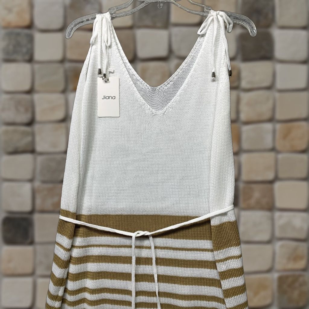 Vintage Kiana Tank Top Knitted Dress XL Khaki White Stripe Tie-Waist Blouson Dress Size XL / US 12-14 / IT 48-50 - 1 Thumbnail