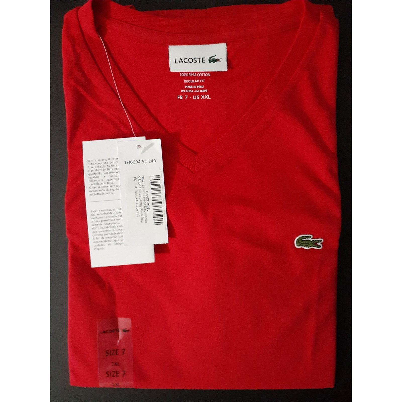 Lacoste Lacoste Men's Jersey Pima Reg Fit V Neck T-Shirt Red 2XL Size US XXL / EU 58 / 5 - 2 Thumbnail