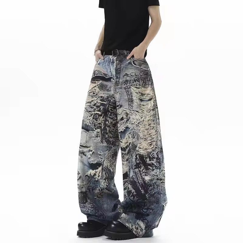 Japanese Brand Printed Distressed Denim Pants Wide-Leg, Graffiti Streetwear Size US 26 / EU 42 - 4 Thumbnail