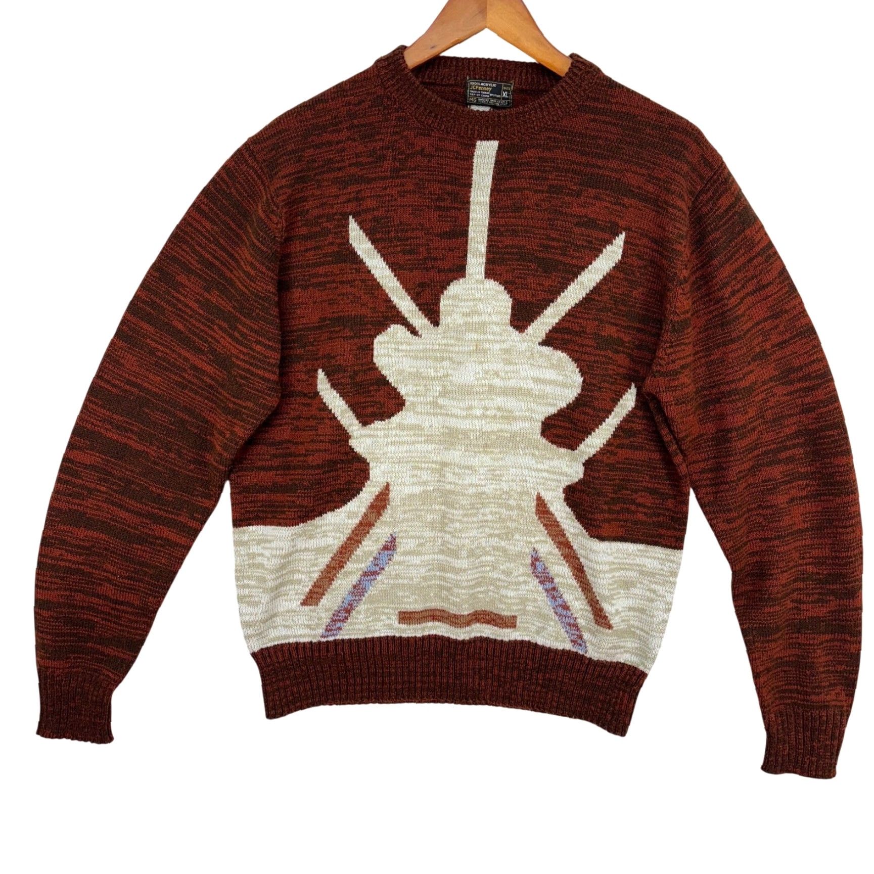 JCPenney VINTAGE JCPenney Sweater Mens XL Rust Brown Southwestern Crewneck Knit Taiwan Size US XL / EU 56 / 4 - 2 Thumbnail
