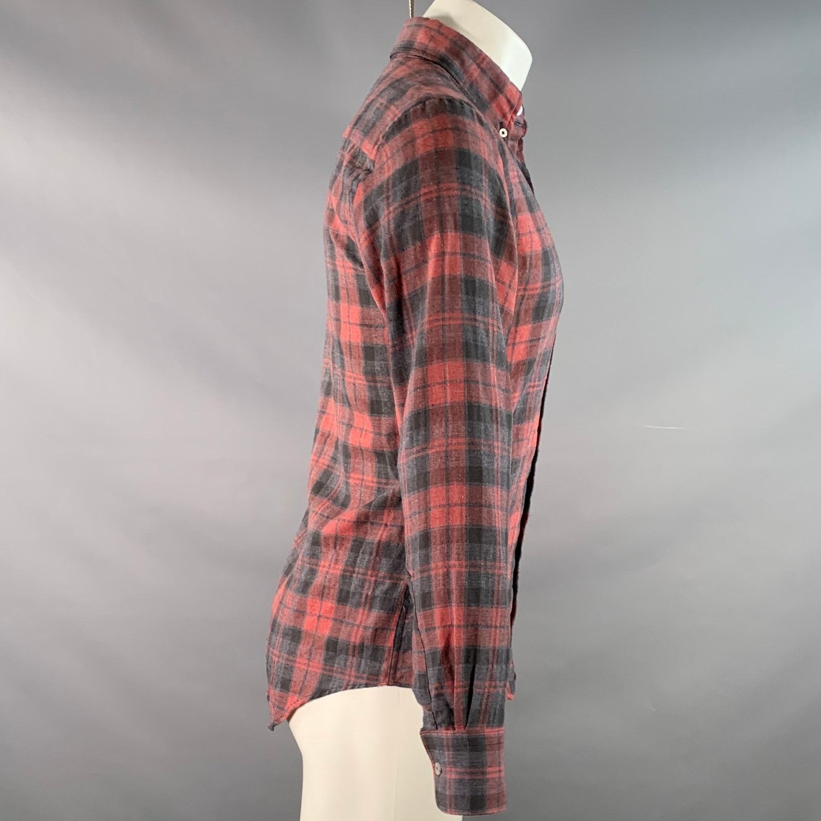 Naked & Famous Grey Burgundy Plaid Cotton One pocket Long Sleeve Shirt Size US S / EU 44-46 / 1 - 2 Thumbnail