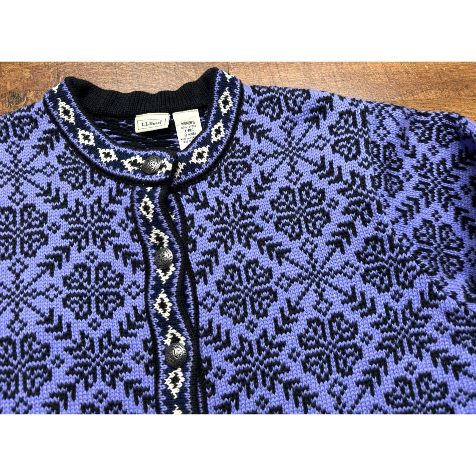 Vintage VINTAGE LL Bean Women’s Fisherman Cardigan Nordic Fair Isle Knit Crew Neck Long Sleeve Button Purple Black 100% Cotton Large Cardigan Womens Size L / US 10 / IT 46 - 4 Thumbnail