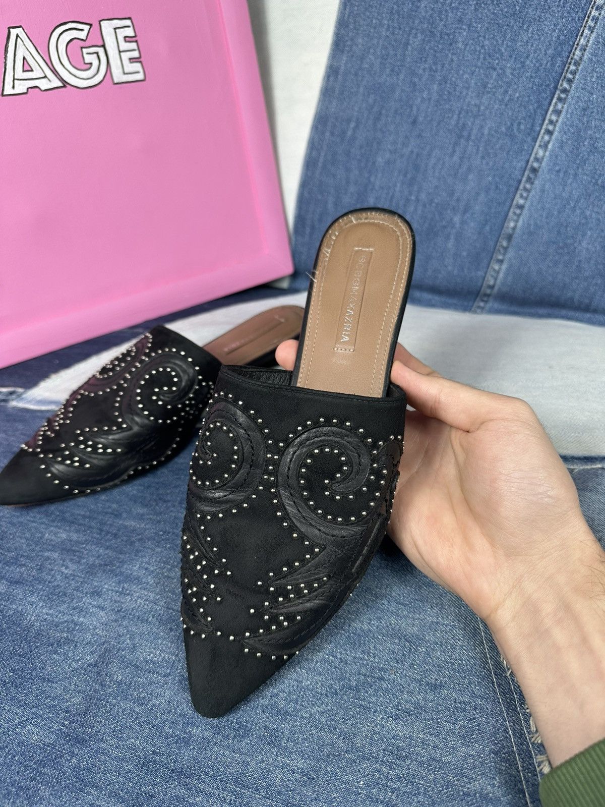 Bcbgmaxazria BCBGMAXAZRIA Nola Mules Suede Leather Black Flat Size US 8.5 / IT 38.5 - 12 Thumbnail