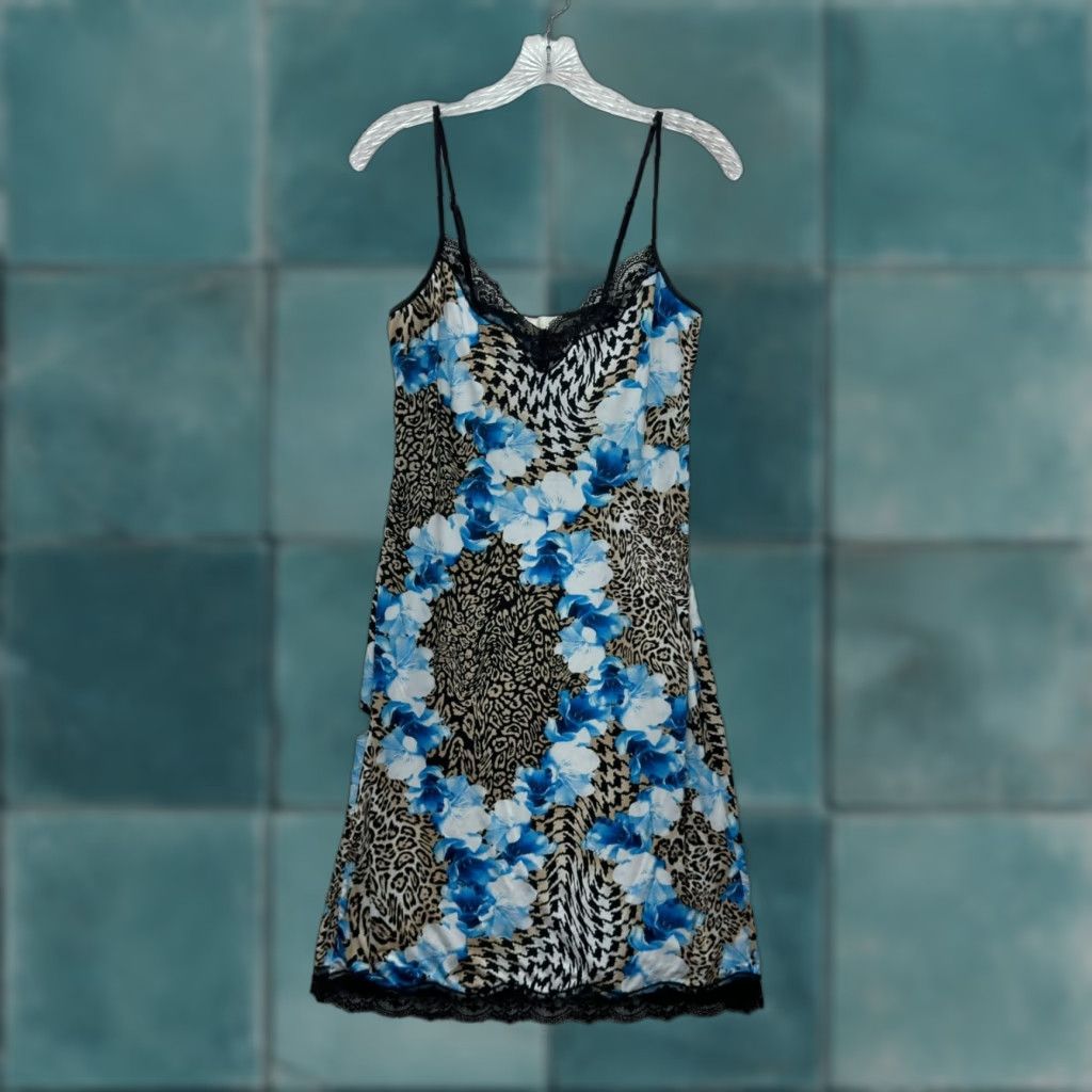 Vintage VINTAGE Y2K Slip Dress Blue Medium Rose Cheetah Leopard Slinky Stretch Peter Alexander Womens Size M / US 6-8 / IT 42-44 - 1 Thumbnail