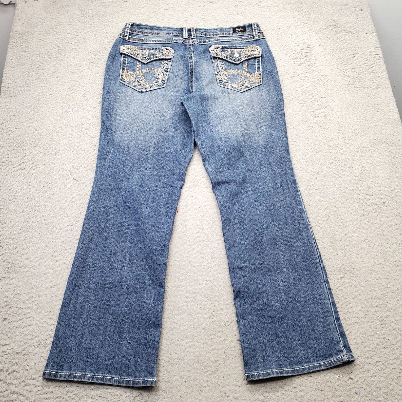 Vintage Earl Jeans Womens Bootcut Jeans 8P Blue Petites 5-Pocket Embroidered Beaded Thick Stitch Denim Size 30" / US 8 / IT 44 - 2 Thumbnail