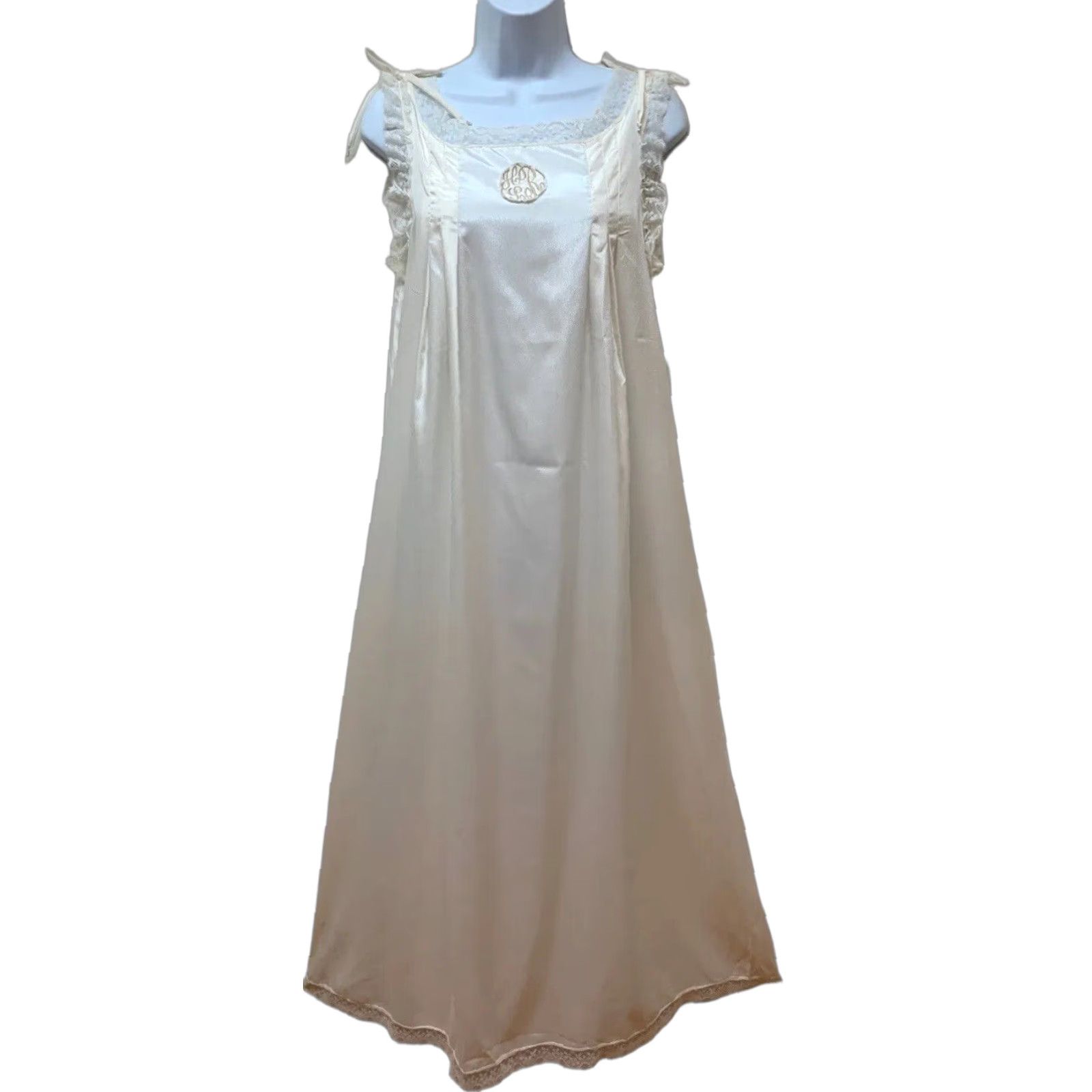 VINTAGE Najla New York Silky Crepe Lace Full Length Nightgown Womens S Beige 1970s USA NOS