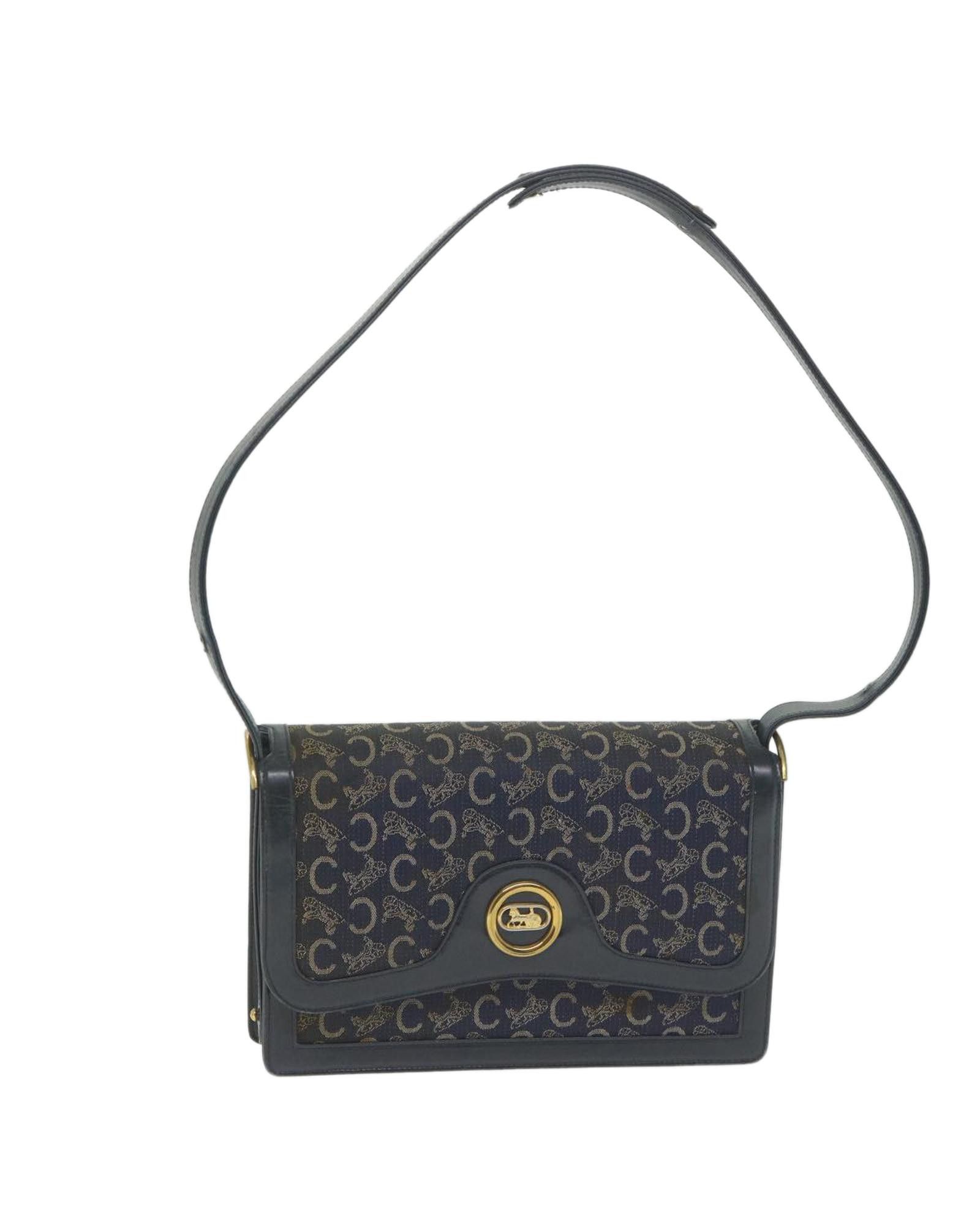 image of Celine Navy Macadam Canvas Shoulder Bag With Horse Carriage Design, Women's