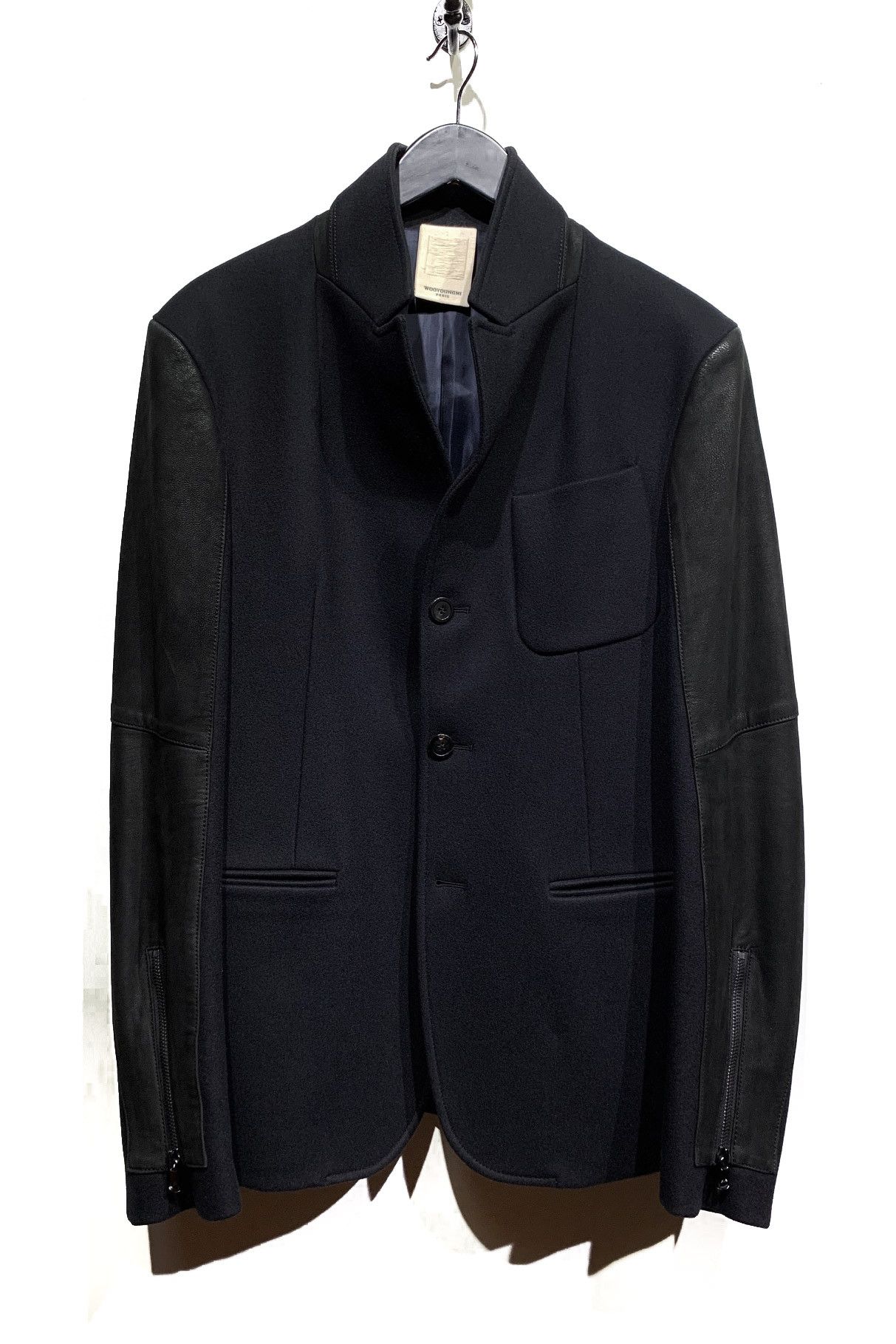 Wooyoungmi Wooyoungmi Navy Wool Blazer Jacket Black Leather Sleeves Size 38R - 1 Thumbnail