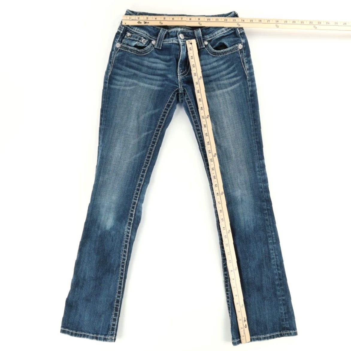 Miss Me Miss Me Jeans Blue Women's 27 Boot Cut Rhinestone Denim Pants Slim Regular Cotton 30in Inseam 13in Waist 26in Size 27" / US 4 / IT 40 - 3 Thumbnail