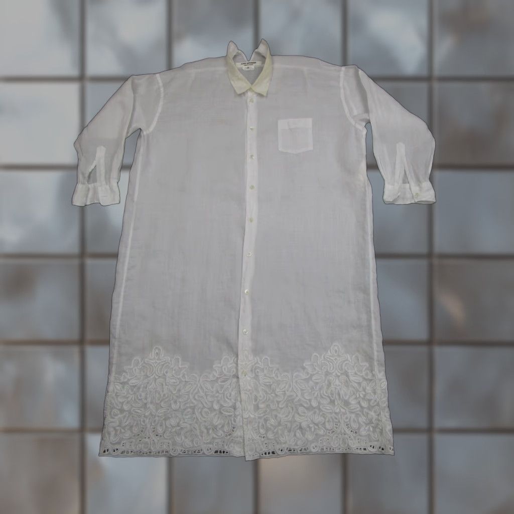 VINTAGE Comme Des Garcons Linen Dress Womens S White Embroidered Coastal Maxi Shirt Dress Sundress