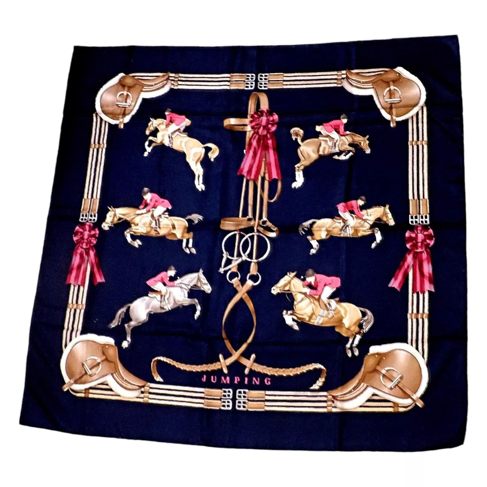 Hermes Hermes Navy Blue Jumping Equestrian Vintage 90cm Silk Scarf Size ONE SIZE - 6 Thumbnail