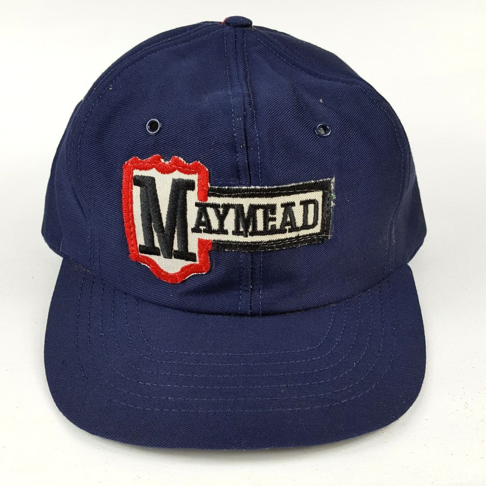 Denime VINTAGE Maymead Farm Denim USA Made Trucker Hat Snapback Retro Cap Patch Hat Adjustable Blue 80s Farming Work Mens Size ONE SIZE - 2 Thumbnail