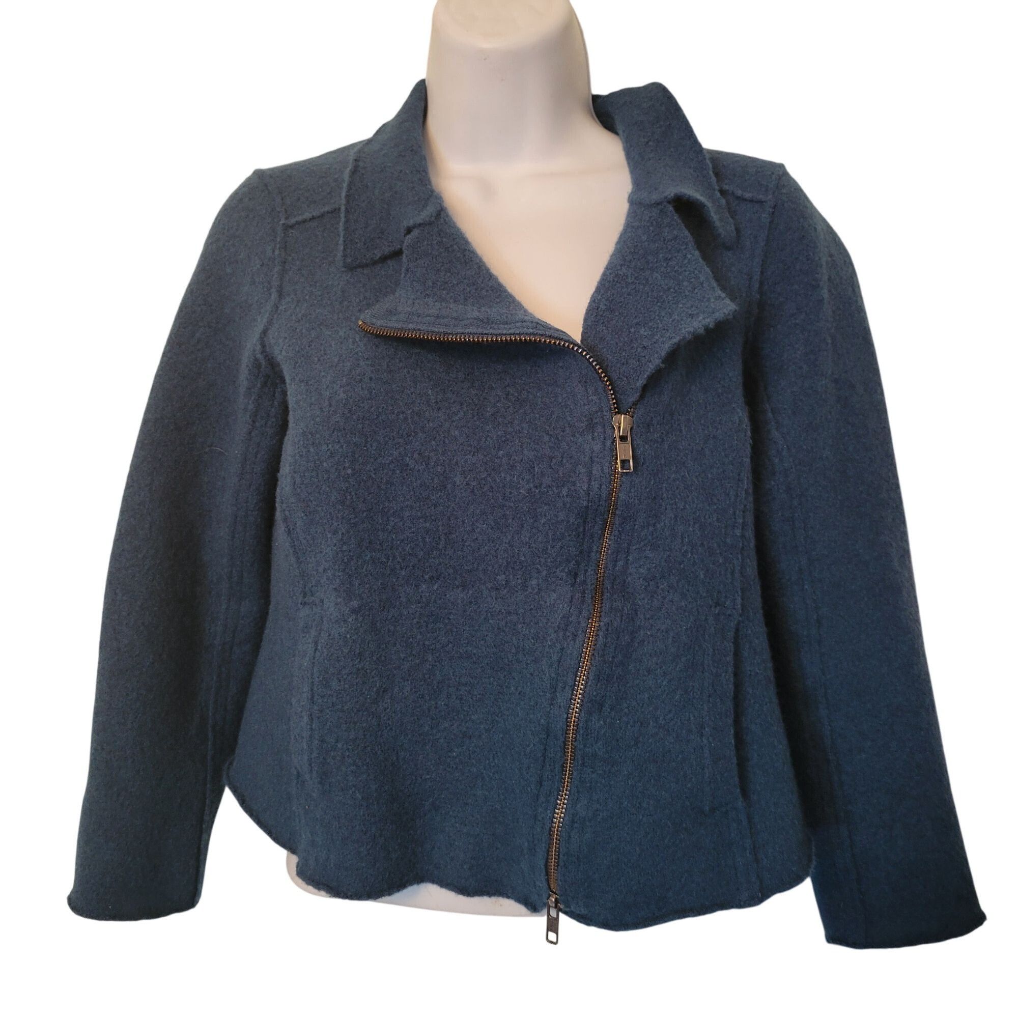 Eileen Fisher Eileen Fisher Blue Boiled Wool Asymmetrical Zip Moto Jacket Size M / US 6-8 / IT 42-44 - 1 Thumbnail