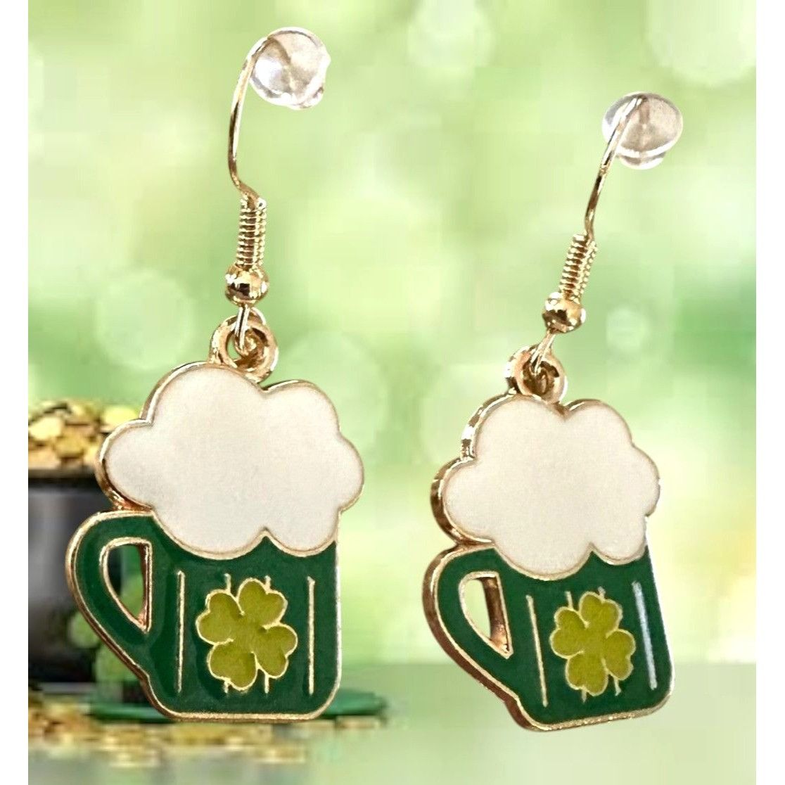 Handmade St Patricks Day Earrings Beer Four Leaf Clover Dangle Hooks Size ONE SIZE - 5 Thumbnail