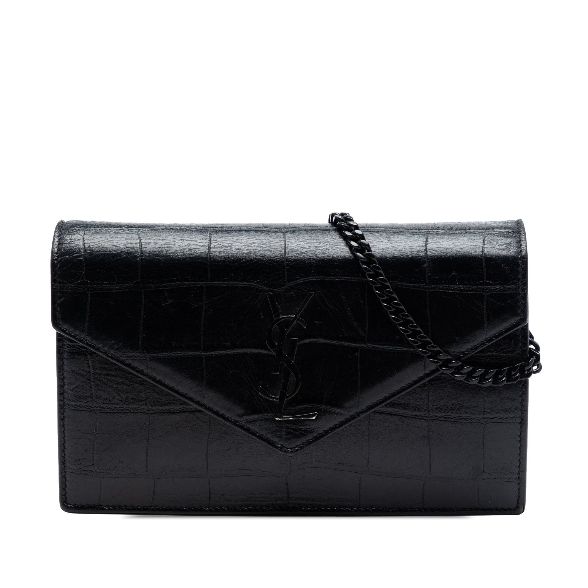 Saint Laurent Paris Croc Embossed Leather Monogram Monochrome Envelope Chain Wallet Size ONE SIZE - 1 Thumbnail