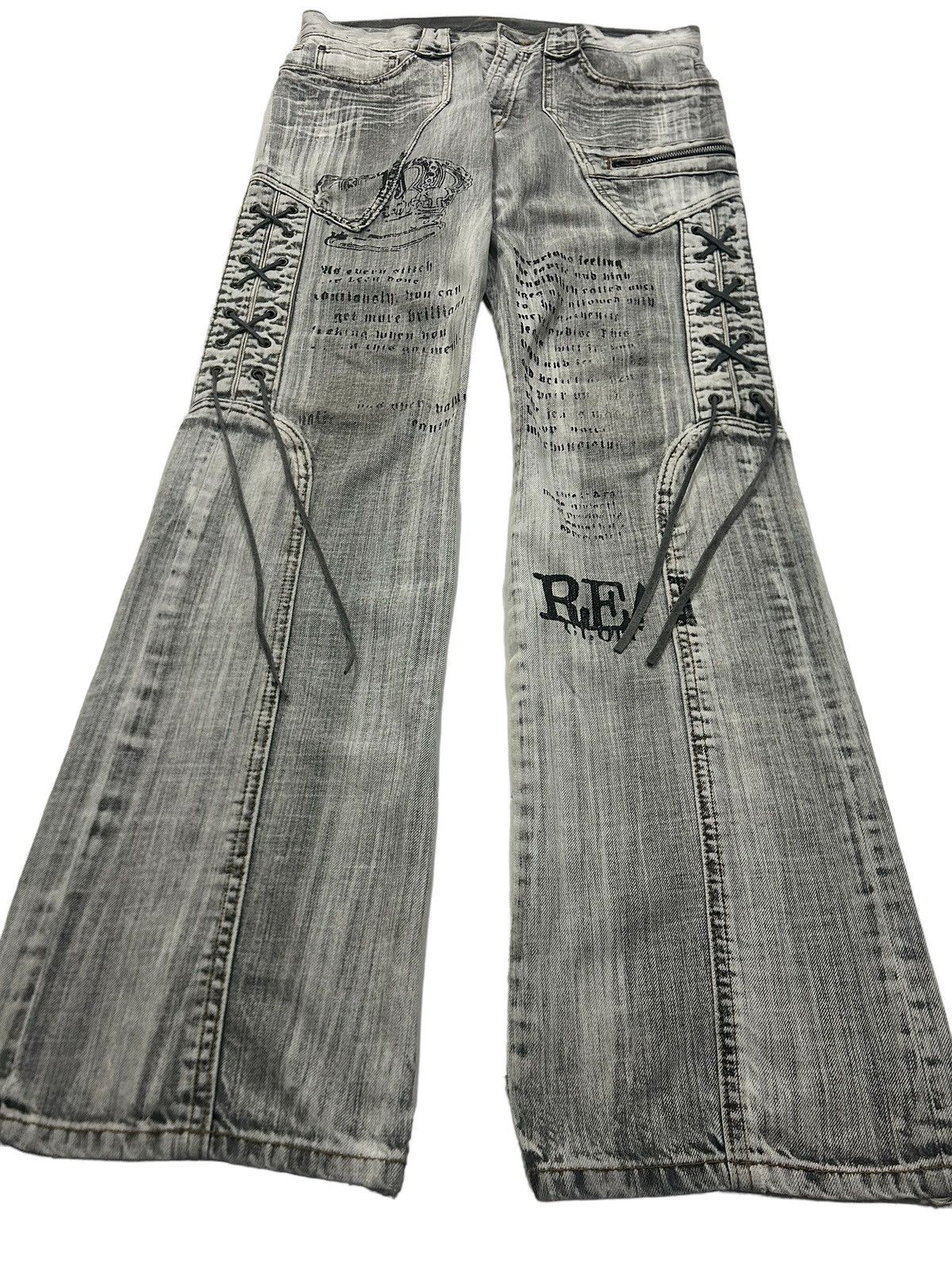 If Six Was Nine Vintage Japanese Mudwash Trashed Printed Faded Flared Jeans Size US 33 - 1 Thumbnail