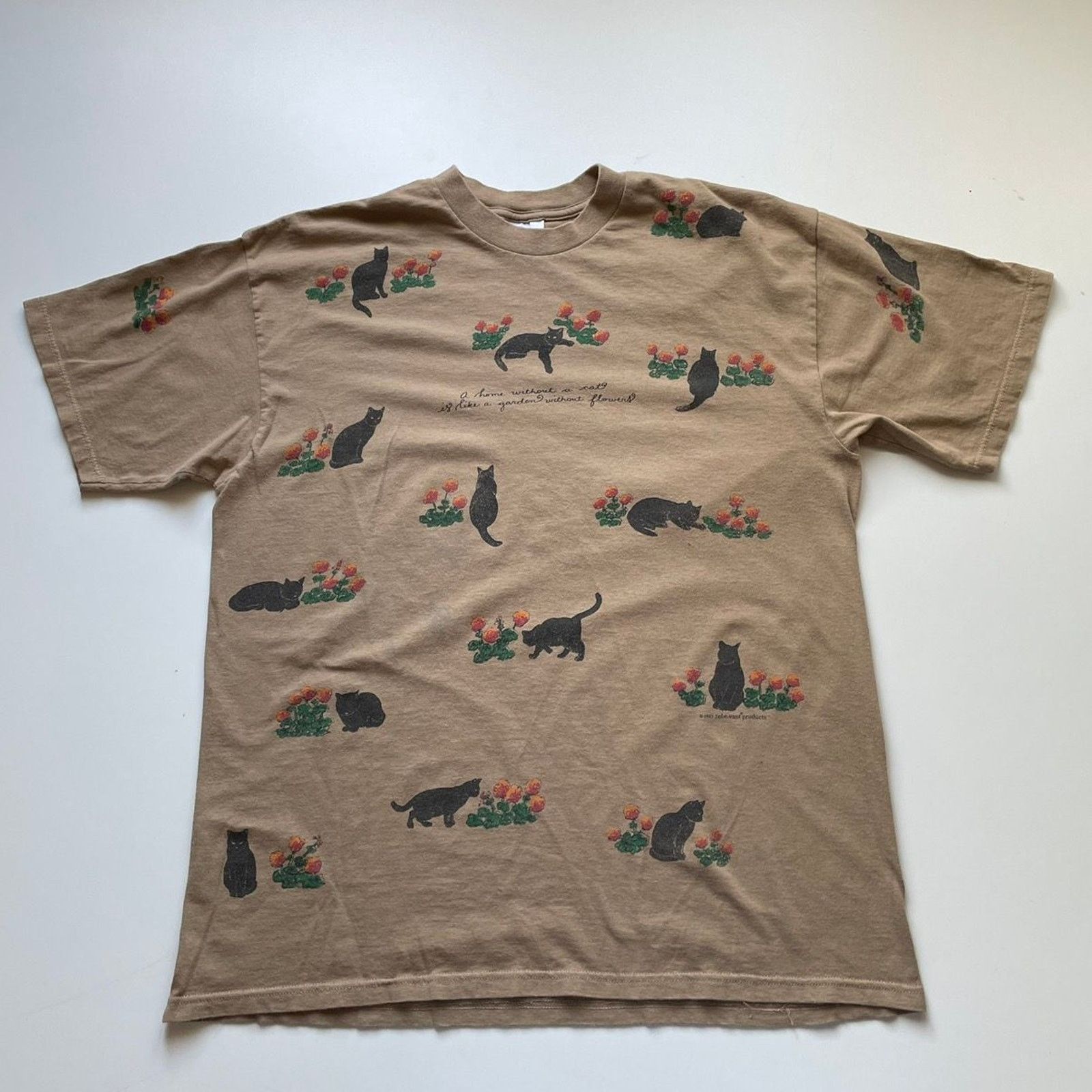 Vintage 90s Black Cat Flowers Art T Shirt XL Made In USA