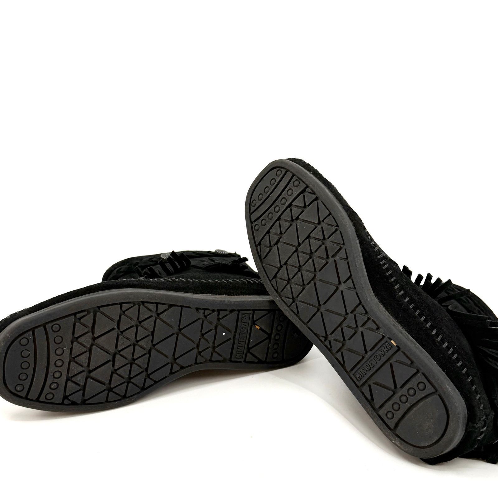Minnetonka Black Genuine Leather Fringe Back Zip Moccasin Booties Size US 5.5 / IT 35.5 - 8 Thumbnail