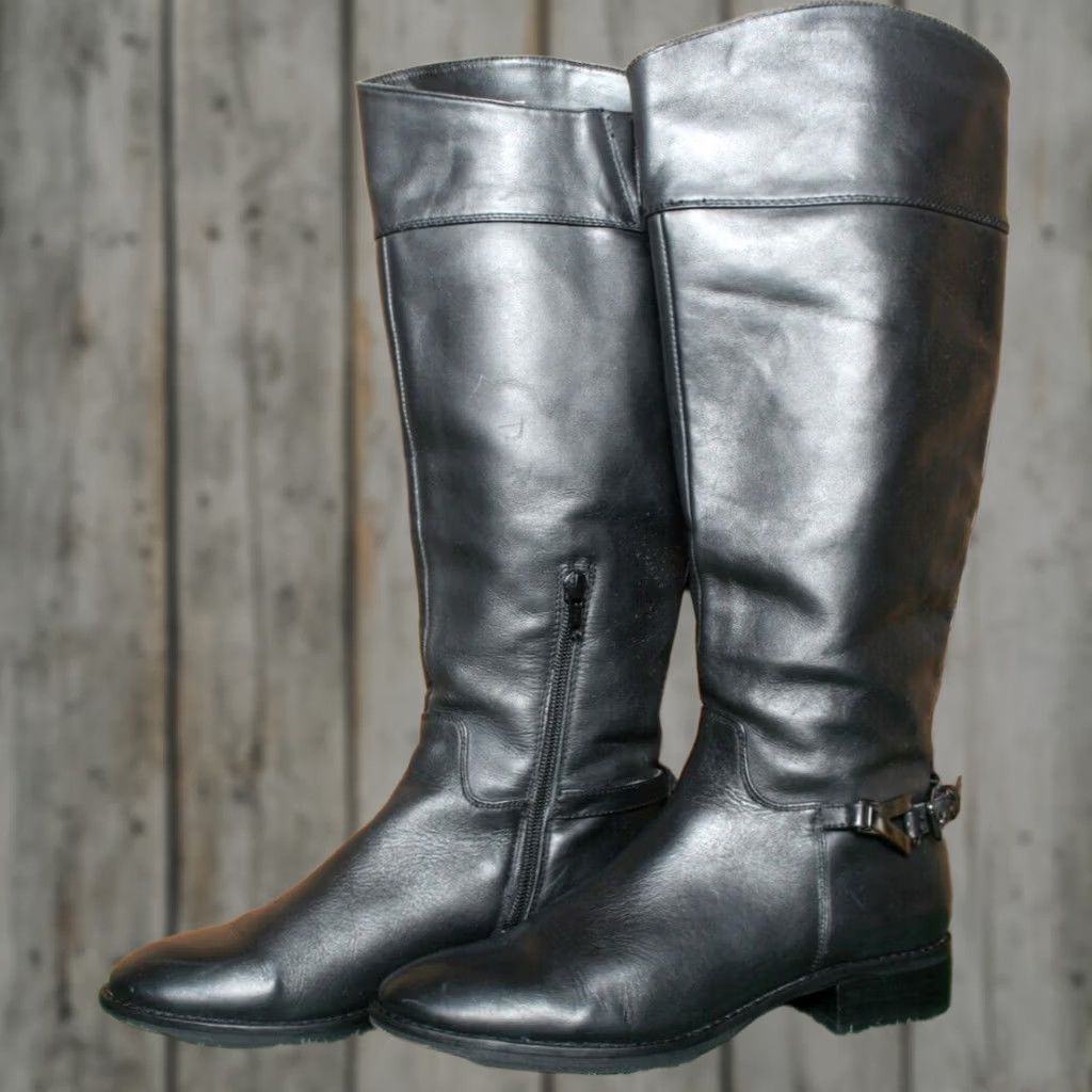 Vintage VINTAGE Victor Alfaro Rosette Black Leather 16" Tall Knee High Boots EUR 37 US 7 B Women's Riding Boot Size US 7 / IT 37 - 1 Thumbnail