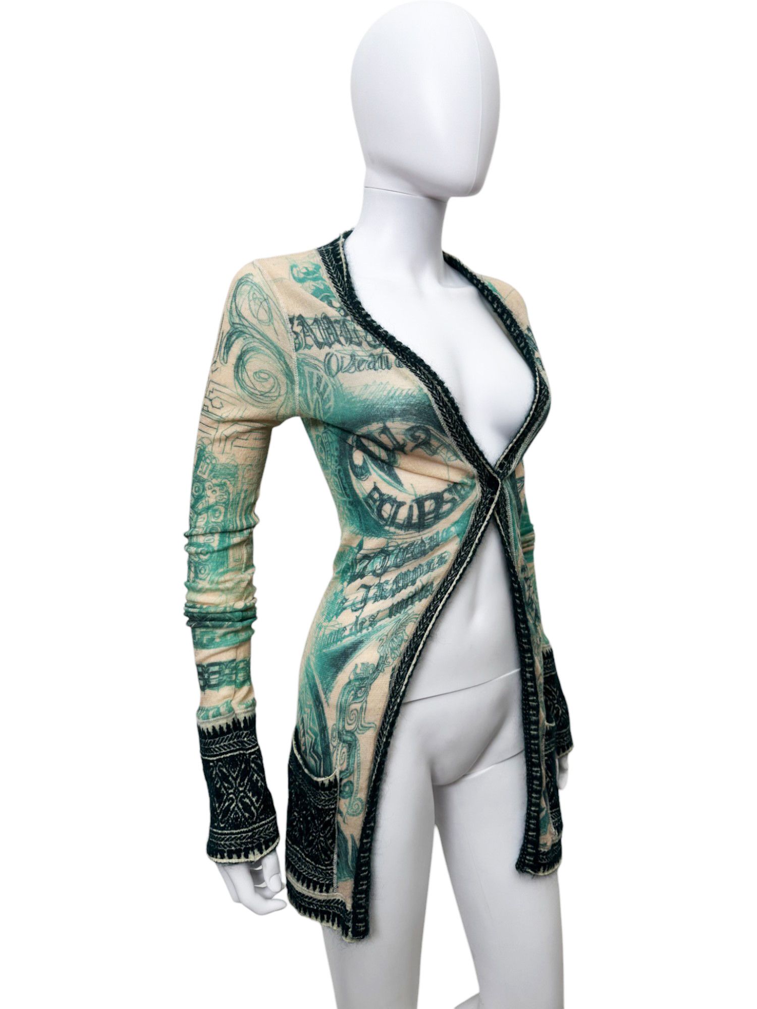Jean Paul Gaultier 90's Tribal Acqua Green Wool Cardigan Size L / US 10 / IT 46 - 4 Thumbnail
