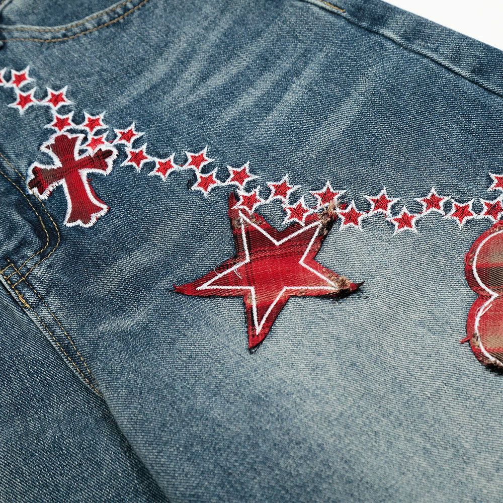 Jean Men's washed distressed cross embroidered scimitar jeans Size US 32 / EU 48 - 6 Thumbnail