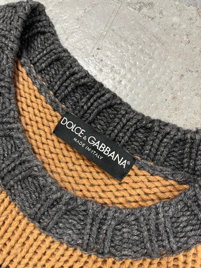 Designer × Dolce & Gabbana × Vintage 2000s Dolce & Gabbana Orange Grey Beige Lines Wool Sweater Size US M / EU 48-50 / 2 - 8 Thumbnail