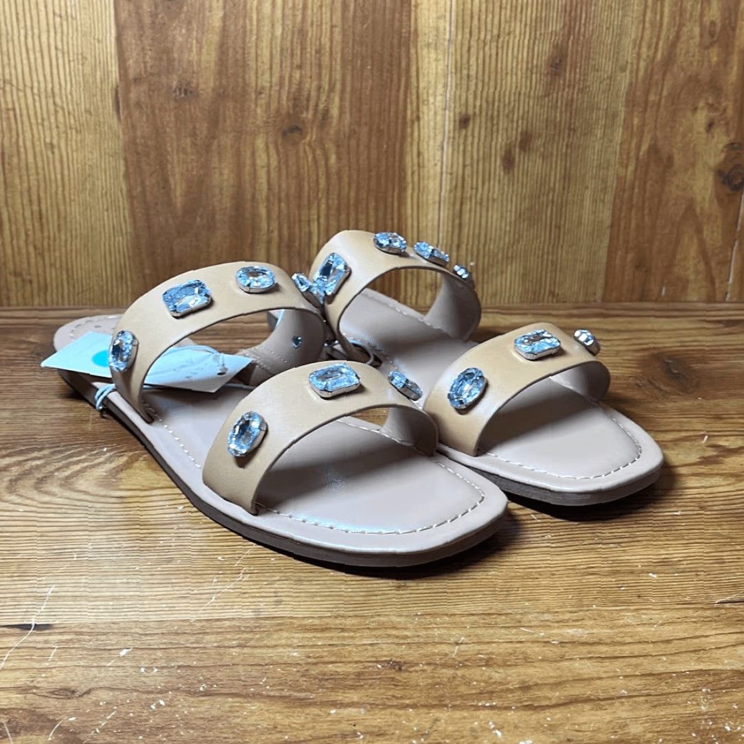 Vintage VINTAGE? No. Just rearrange: A new day Womens Brit Sandals Slip On Rhinestones Tan 8.5 Sandal Strappy Size 8 1/2 NEW Size US 9 / IT 39 - 2 Thumbnail