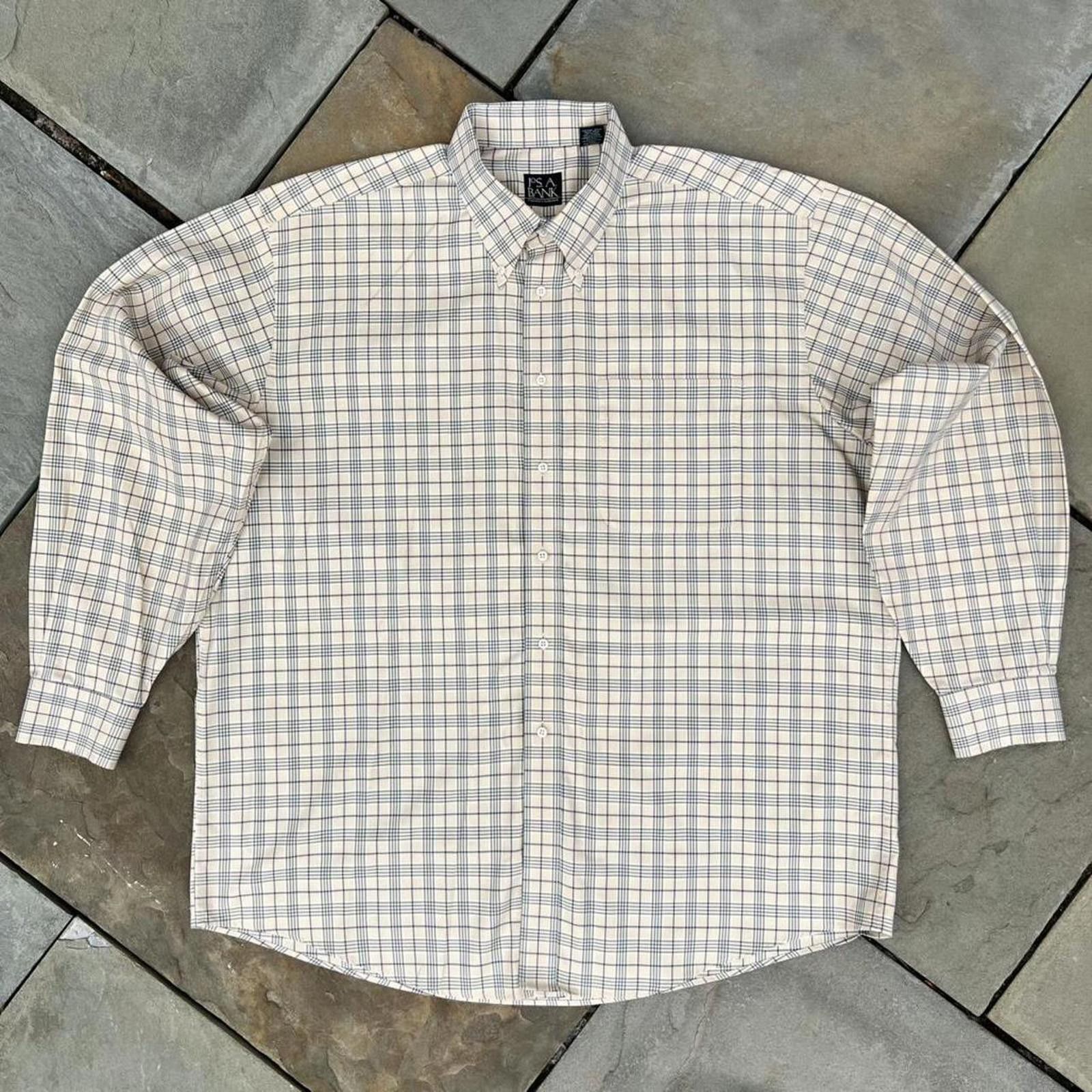 Jos. A. Bank Y2K Tan Blue Herringbone Plaid Button Down Shirt Size US XL / EU 56 / 4 - 1 Thumbnail