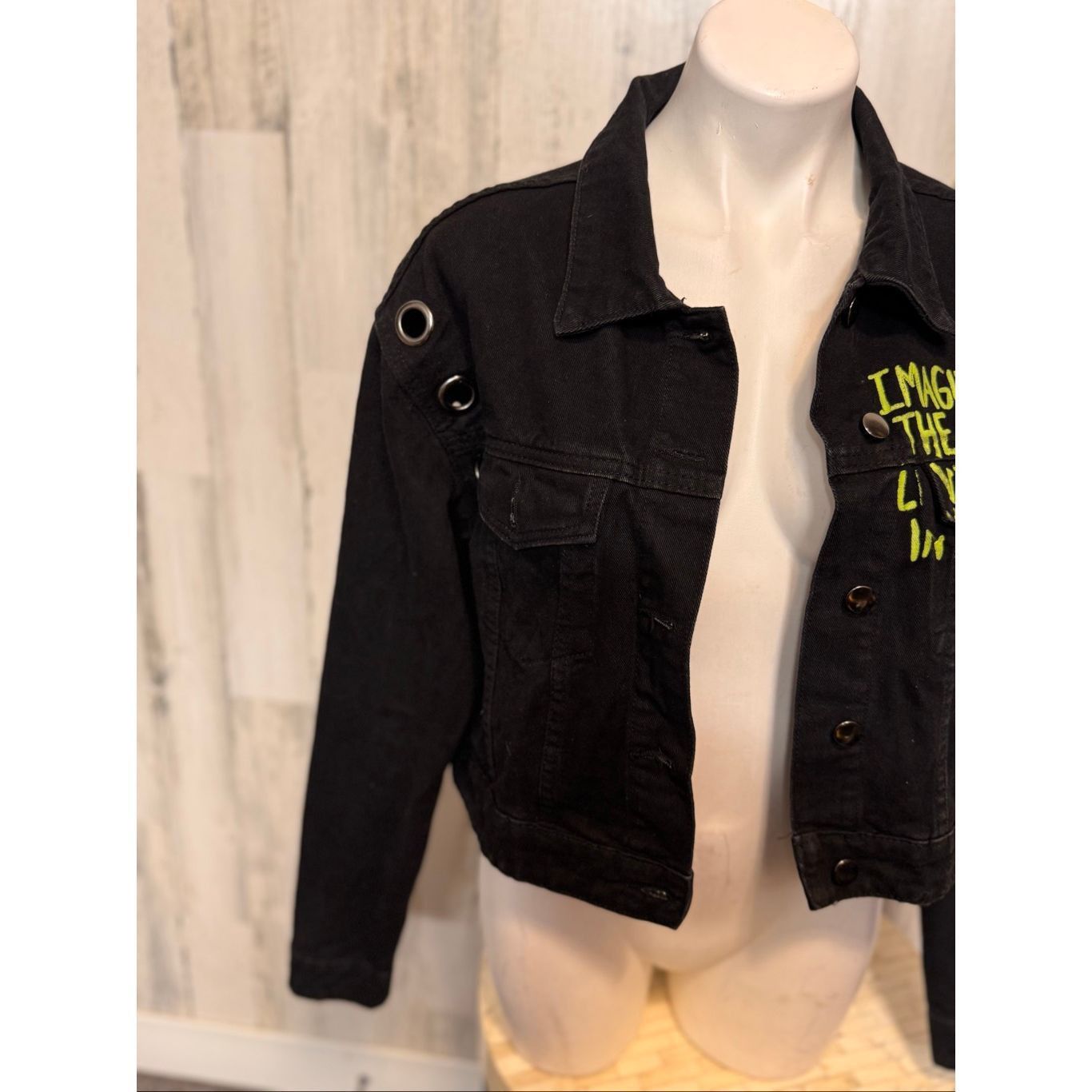 Other Fashion Nova Black Denim Jacket L – Graphic Mona Lisa Back Print “Shut Up” Imagine All The People Quote Women’s Large Size L / US 10 / IT 46 - 5 Thumbnail