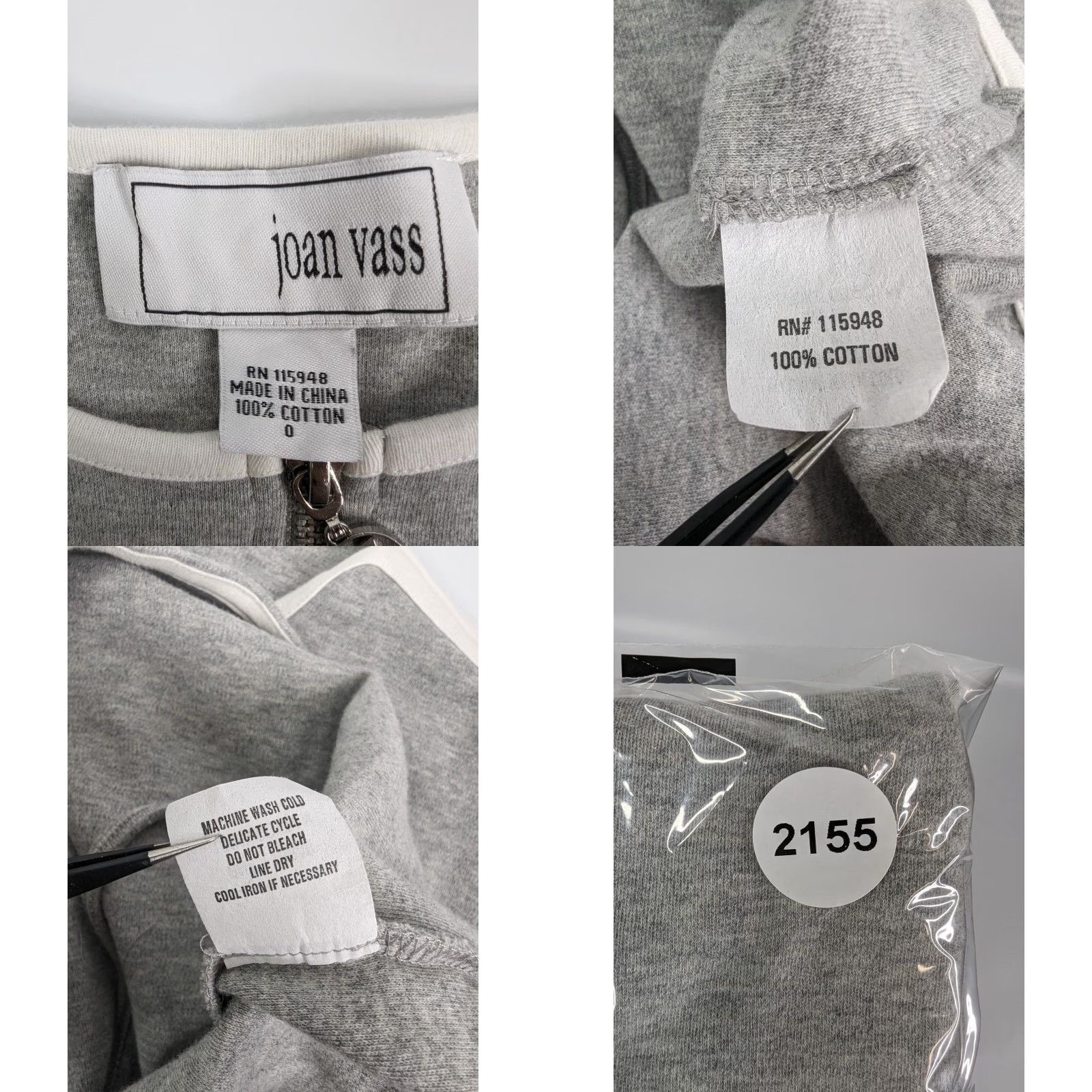 Vintage Joan Vass Jacket Zip ¾ Sleeves Grey Cardigan White Trim 0 Size Front Pockets Women 100% Cotton Size XS / US 0-2 / IT 36-38 - 8 Thumbnail
