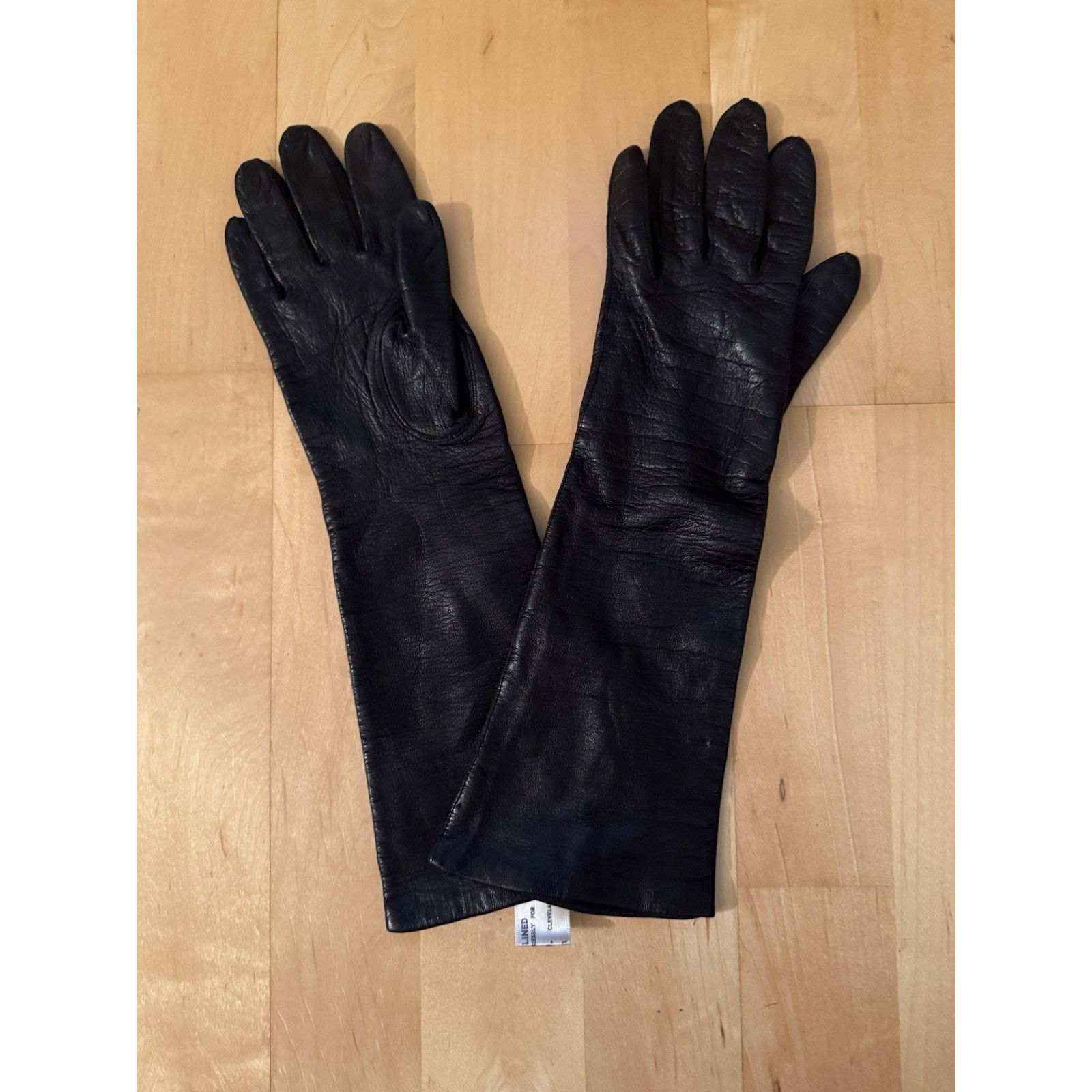 Vintage VTG May Co Black Leather Silk Lined Long Gloves 6.5 Size ONE SIZE - 1 Thumbnail