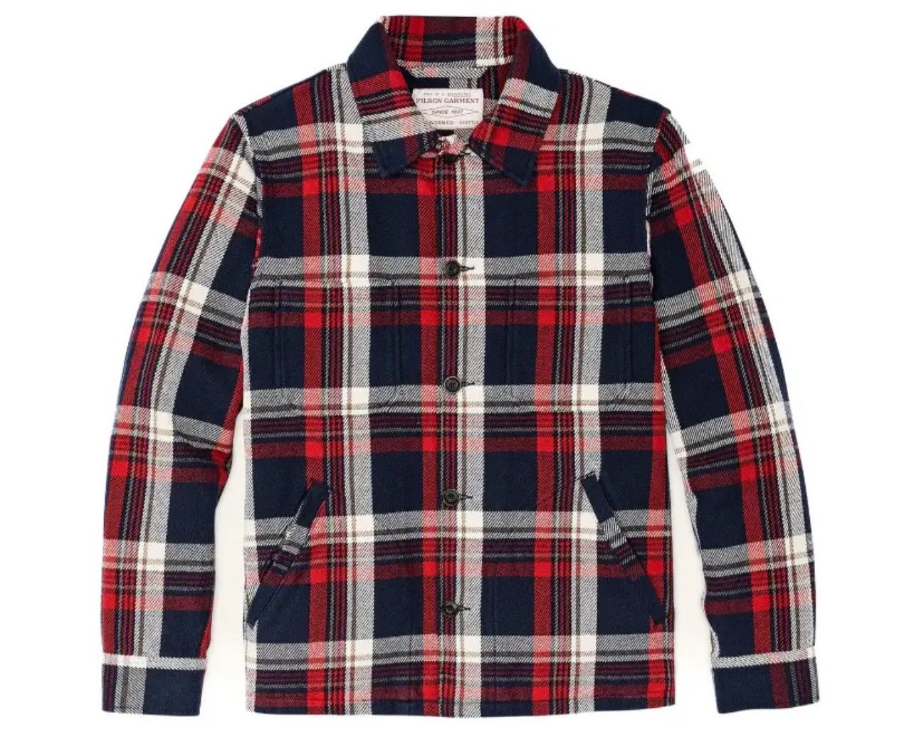 Image of Filson Deer Island Ranch Coat Red White Blue Plaid Flannel Jacket, Men's (Size XL)