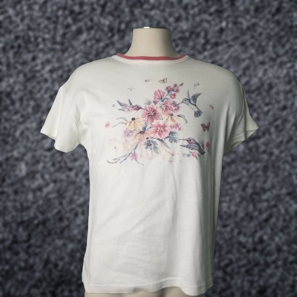 Vintage Vintage PFI Fashions, INC. Women's Cotton Blend Crew Neck Top XL Floral Hummingbird 90s Casual Womens Size XL / US 12-14 / IT 48-50 - 1 Thumbnail