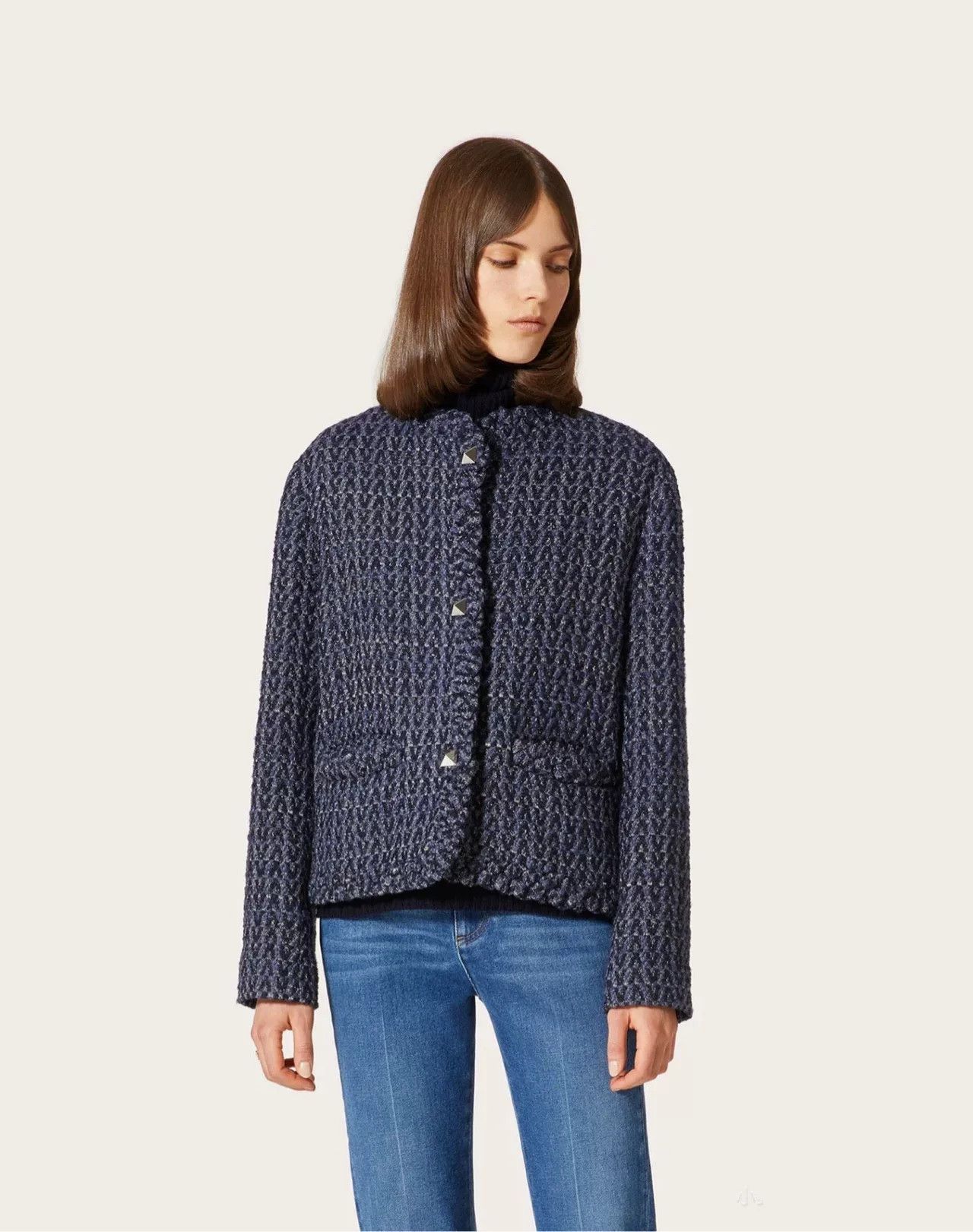 Valentino Valentino Navy Tweed Logo Cropped Coat Size S / US 4 / IT 40 - 1 Thumbnail