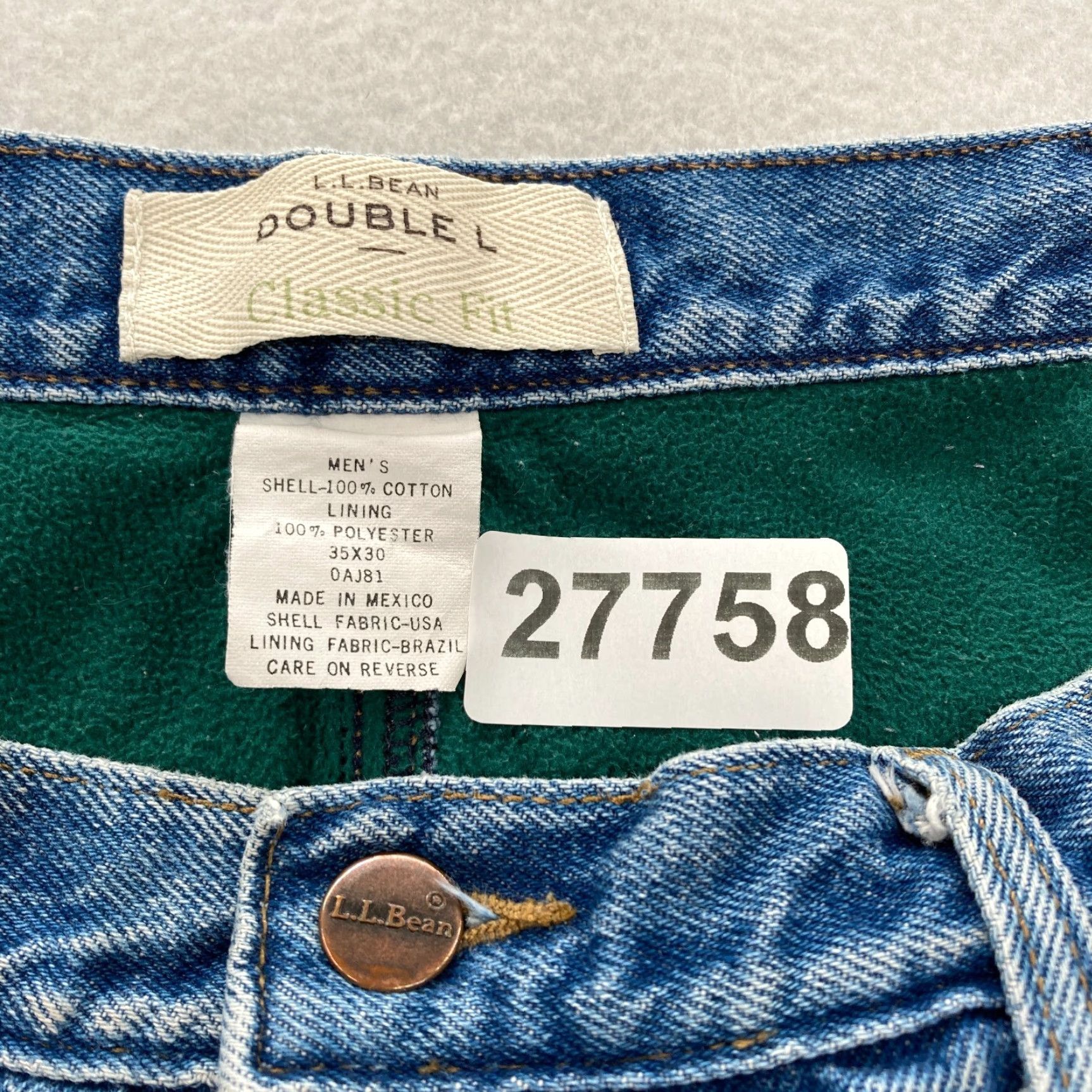 Vintage L.L. Bean Jeans Mens 35x30 Classic Fit Tapered Leg Blue Denim Fleece Lined 5-Pocket Chore Shirt? Size US 35 - 4 Thumbnail