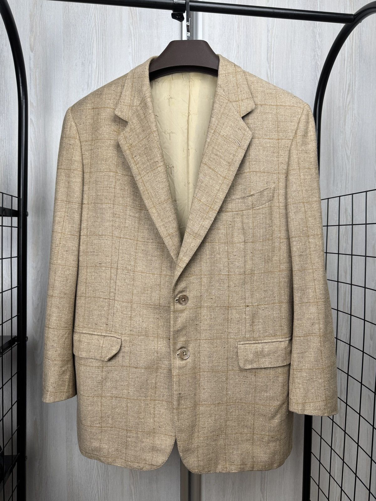 BIJAN Bijan one hundred % beige checkered 2 button blazer Size 44R - 2 Thumbnail