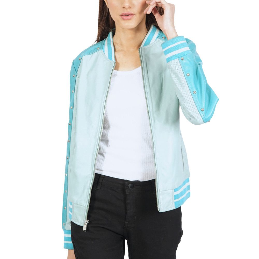 image of Varsity Turquoise Bomber Leather Jacket in Turqouise, Women's (Size Medium)
