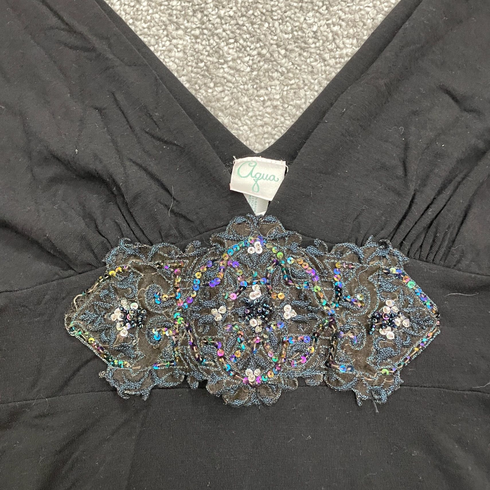 AQUA Aqua Tank Women Adult Medium Black Beaded V-Neck Sleeveless Knit Rayon Spandex Classic Designer Size M / US 6-8 / IT 42-44 - 4 Thumbnail