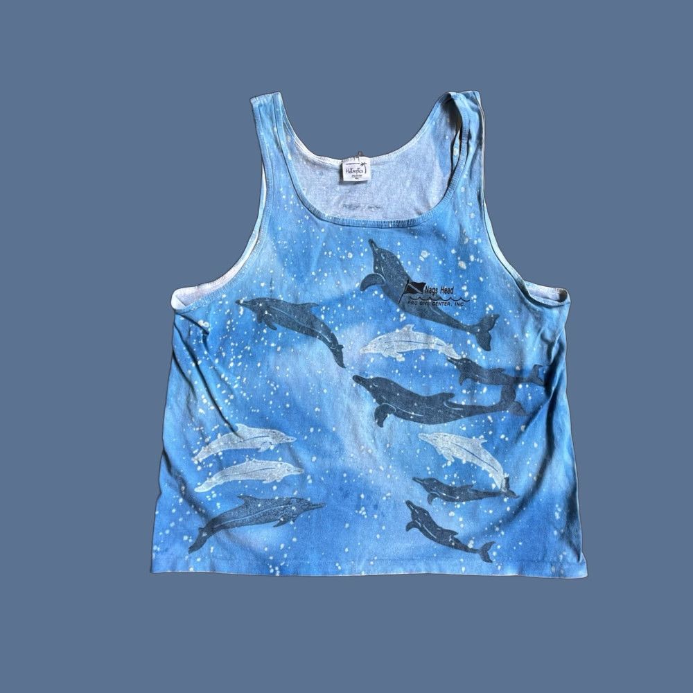 Vintage VINTAGE HoTropics Nags Head Pro Dive Center Dolphin Tank Top Men’s XL Blue All Over Print Shirt Tank Top Dolphin 90s Animals Nautical Sports Mens Size US XL / EU 56 / 4 - 1 Thumbnail