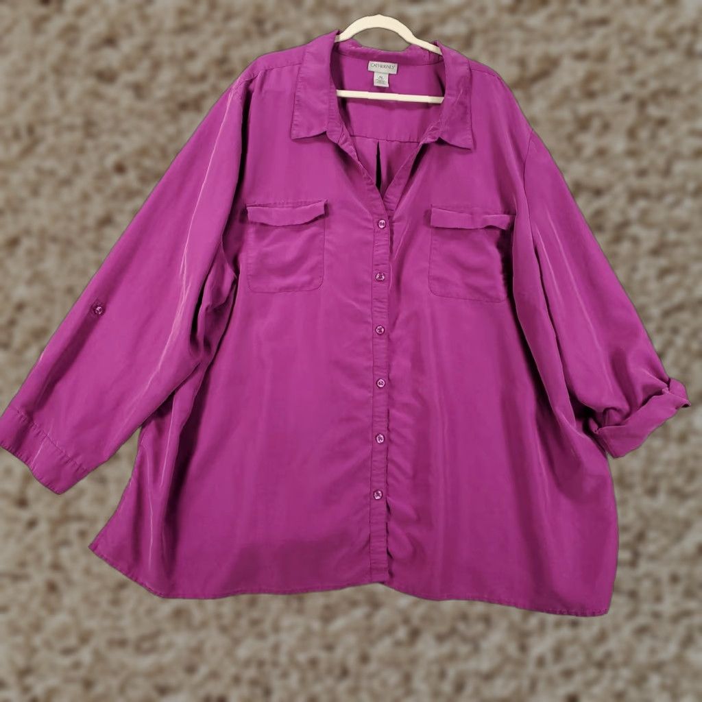 Vintage Catherines Shirt 5X Purple Roll Tab Sleeve Collared Button Solid Modal Polyester Blend Pockets All Seasons Size XXL / US 16-18 / IT 52-54 - 1 Thumbnail