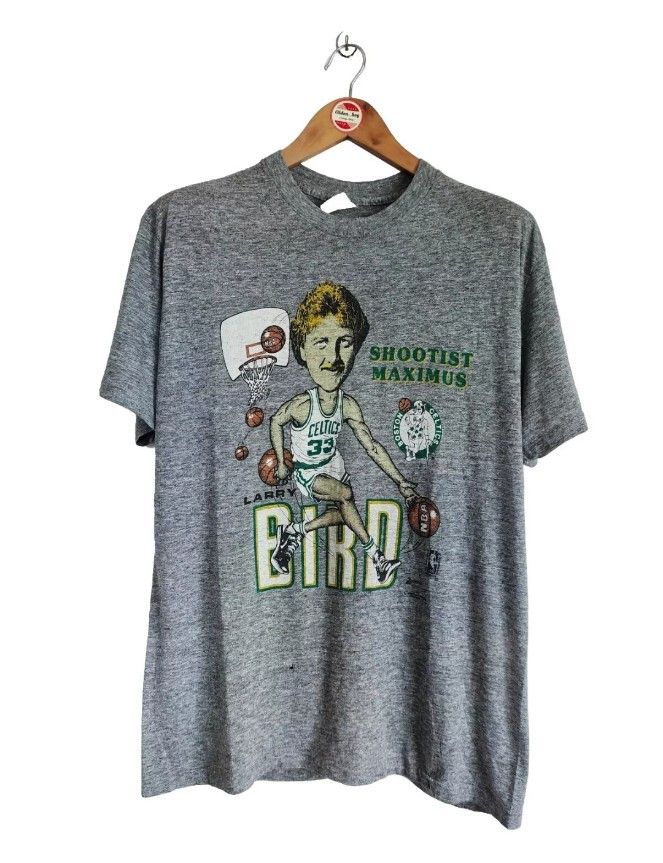 image of NBA x Salem Vintage Larry Bird Caricature 90's T-Shirt in Grey, Men's (Size Large)